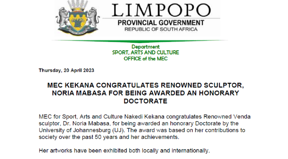 Noria Mabasa congratulations Statement